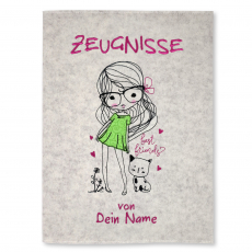 Zeugnismappe Mädchen mit Katze personalisiert mit Namen