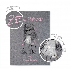 Zeugnismappe Mädchen mit Katze personalisiert mit Namen Glitzer