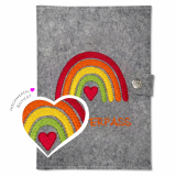 Mutterpasshülle Regenbogen orange mit extra Fächern und Verschluss aus 100% Wollfilz (grau meliert)