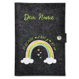 U-Heft Hülle Regenbogen Wolke personalisiert mit Namen und Geburtsdatum des Kindes mit extra Fächer und Lasche mit Druckknopf aus 100% Wollfilz (anthrazit meliert)